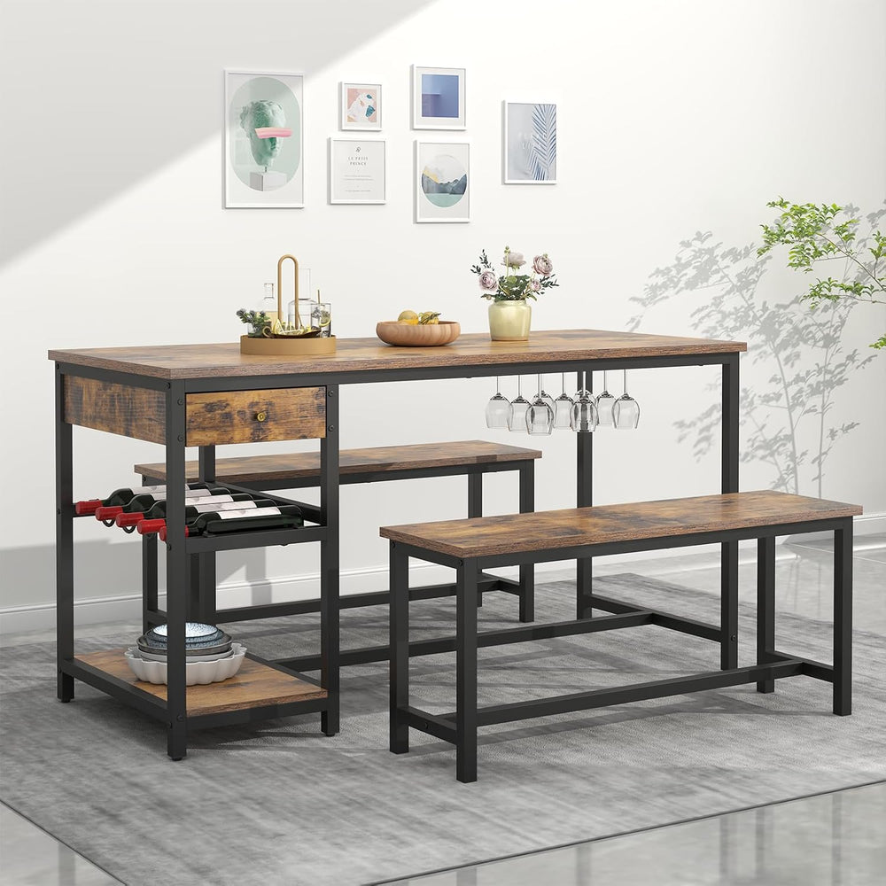 Dining Table Set for 4-6 People, 54.7" Kitchen Dinner Table with 2 Benches