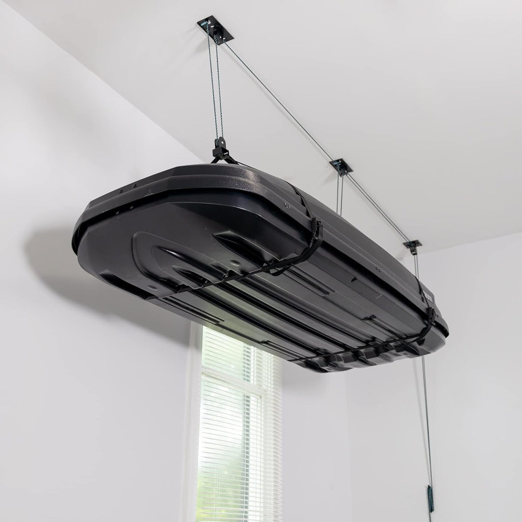 Teal Triangle Ceiling Storage Hoist for Cargo Box - Heavy Duty Garage Storage Lift - Garage Pulley Lift System Holds 150 lbs and Fits 8-10 ft Tall Garage Ceilings