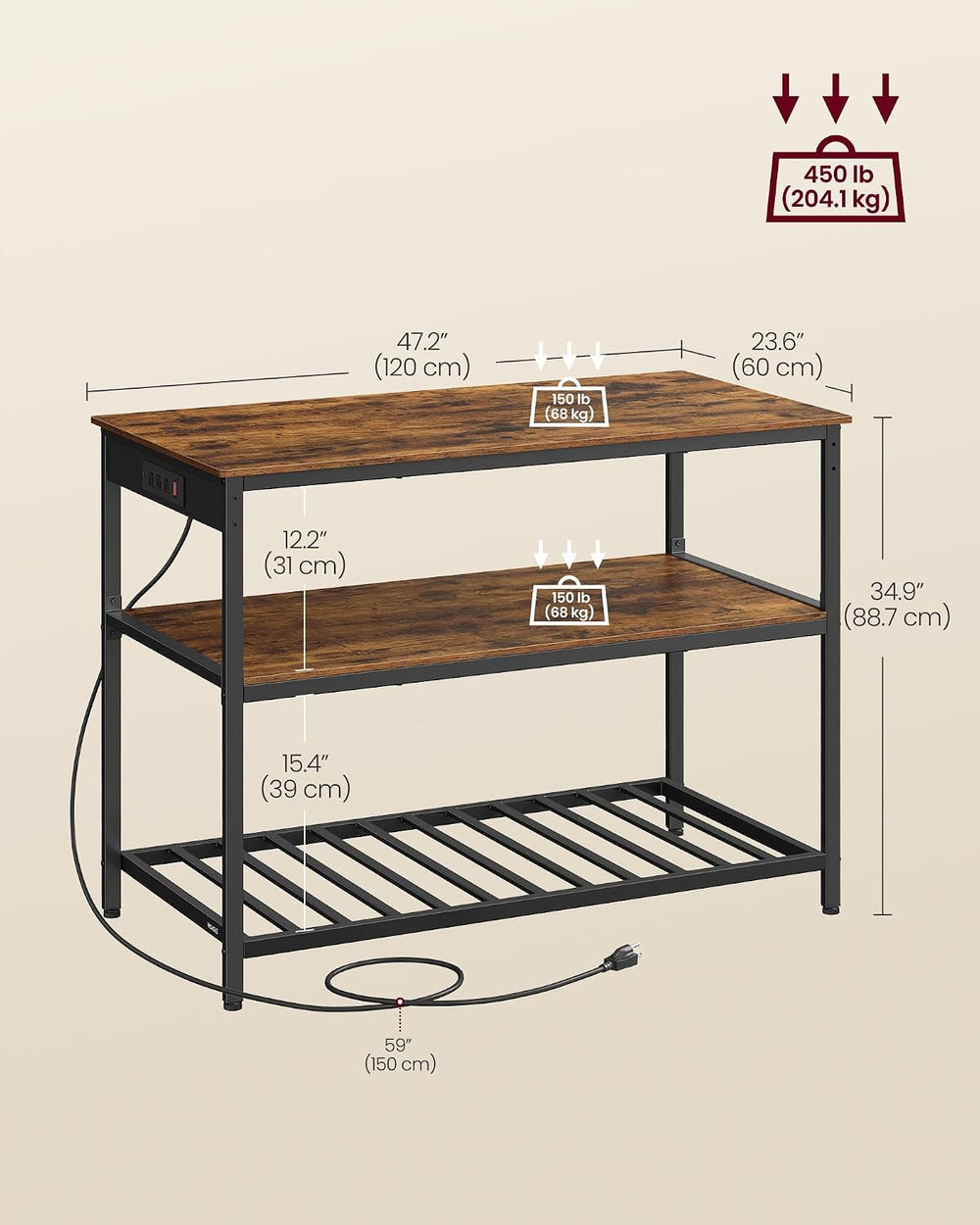 VASAGLE Kitchen Island with 3 Shelves, Storage Cabinet, Steel Structure | Kit...