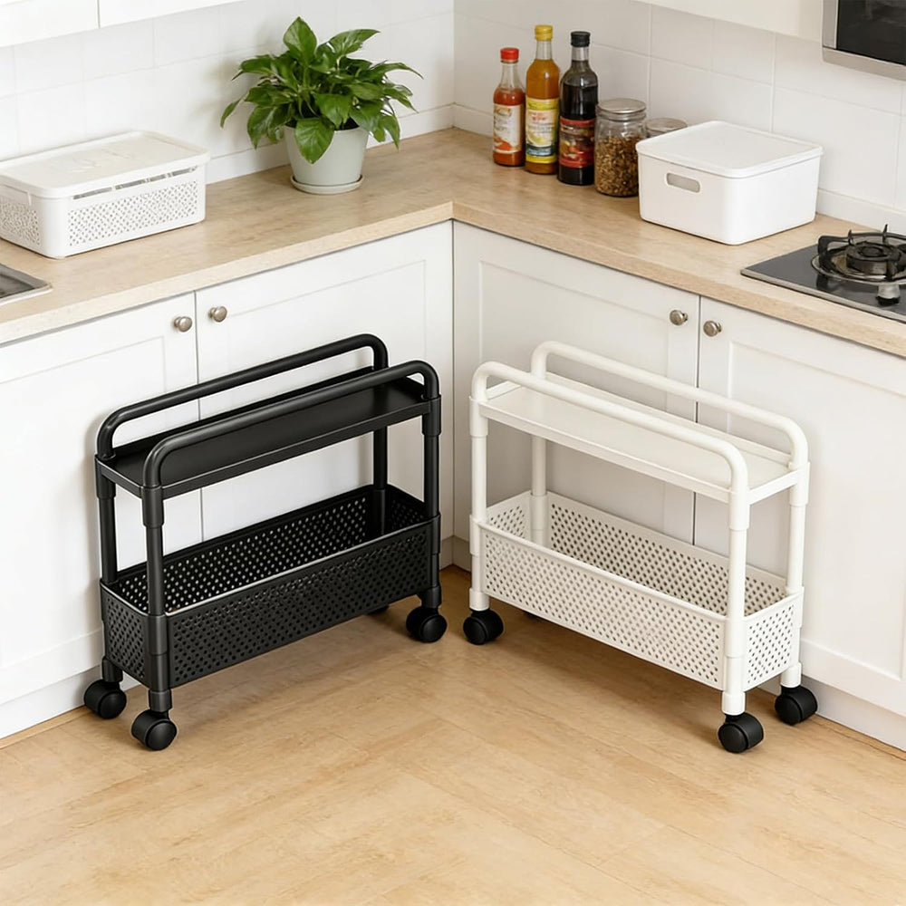 2-Tier Rolling Storage Cart with Wheels, Slim Plastic Organizer Rack for Kitc...