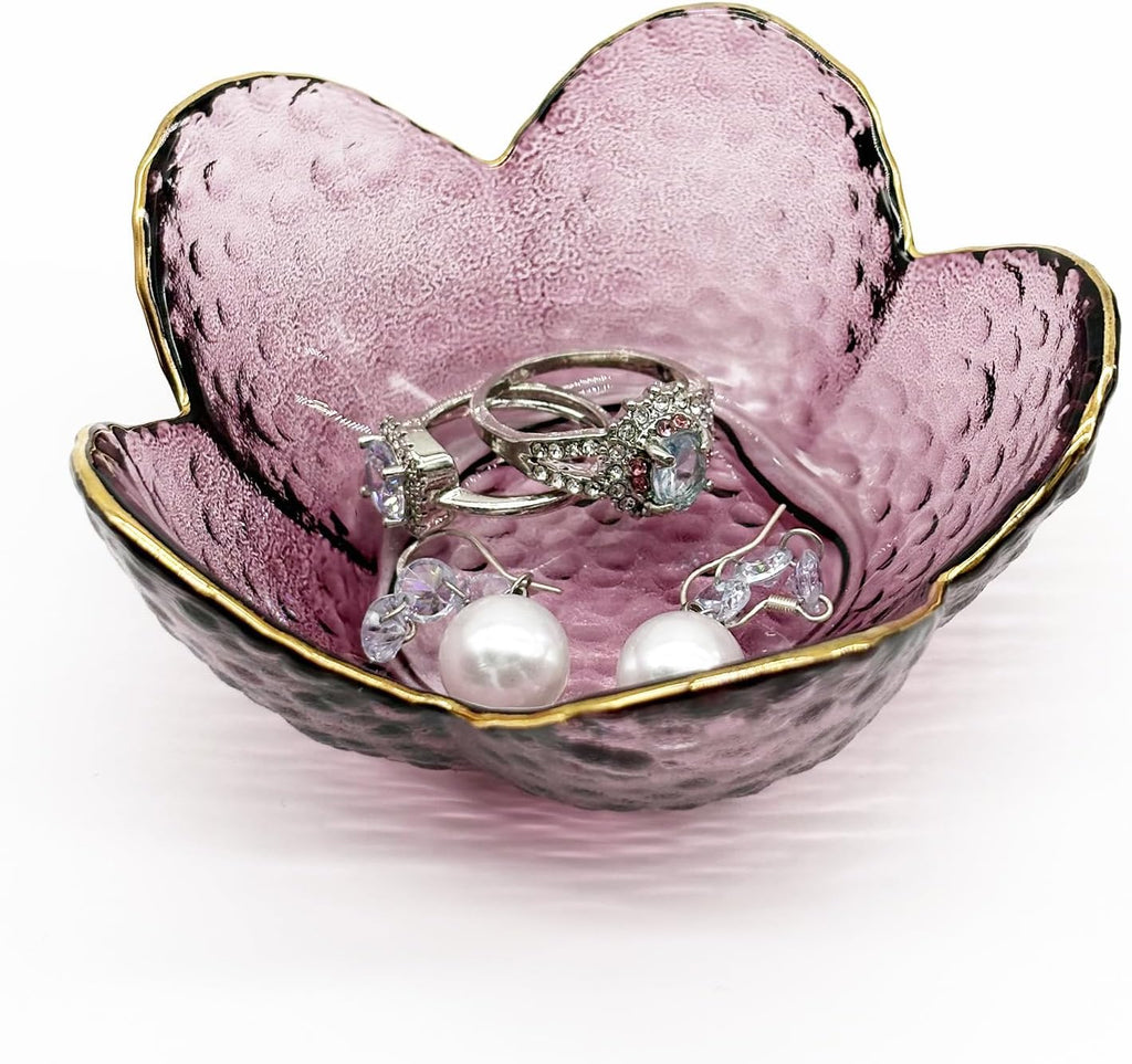 Purple Glass Jewelry Dish Tray, Birthday Gifts for Mom, Crystal Ring Holder for Women, Small Flower Ring Dish Jewlery Plate, Engagement Trinket Jewelry Tray, Nightstand Decor Jewerly Bowl