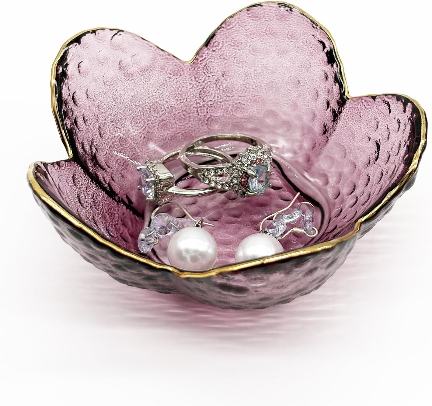 Purple Glass Jewelry Dish Tray, Birthday Gifts for Mom, Crystal Ring Holder for Women, Small Flower Ring Dish Jewlery Plate, Engagement Trinket Jewelry Tray, Nightstand Decor Jewerly Bowl