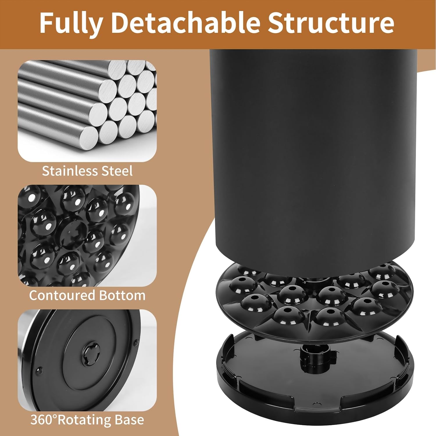 Nigelia Extra Large Kitchen Utensil Holder, 360° Rotating Stainless Steel Cooking Utensil Holder for Countertop, 3 Compartment Flatware Organizer & Cooking Caddy with Removable Base（Black）