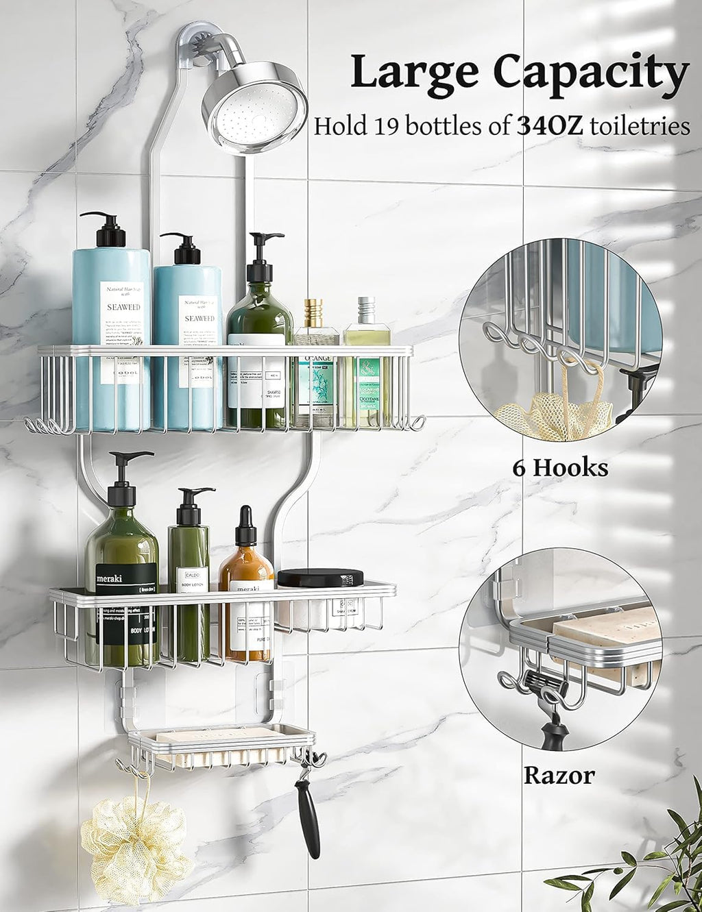 YASONIC Shower Caddy Hanging - Never Rust Shower Organizer - Aluminum Over The Head Caddy with 10 Hooks for Razor/Sponge - Rack with Soap Basket - Silver