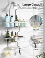 YASONIC Shower Caddy Hanging - Never Rust Shower Organizer - Aluminum Over The Head Caddy with 10 Hooks for Razor/Sponge - Rack with Soap Basket - Silver