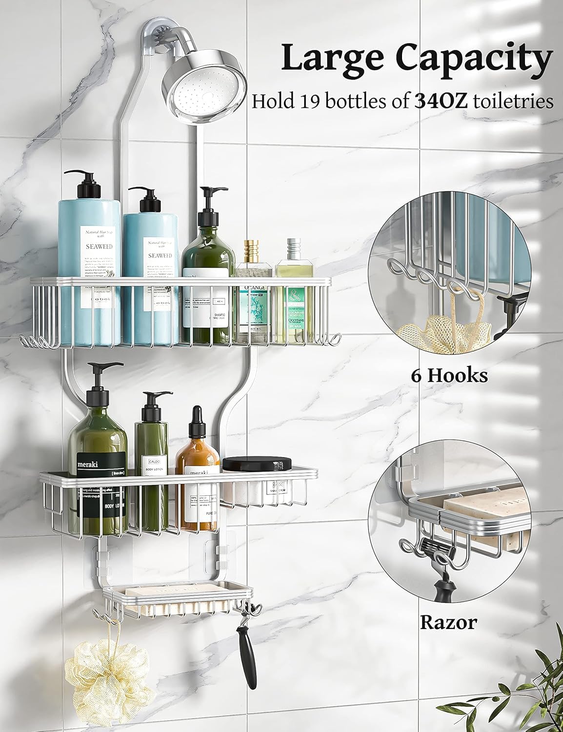 YASONIC Shower Caddy Hanging - Never Rust Shower Organizer - Aluminum Over The Head Caddy with 10 Hooks for Razor/Sponge - Rack with Soap Basket - Silver