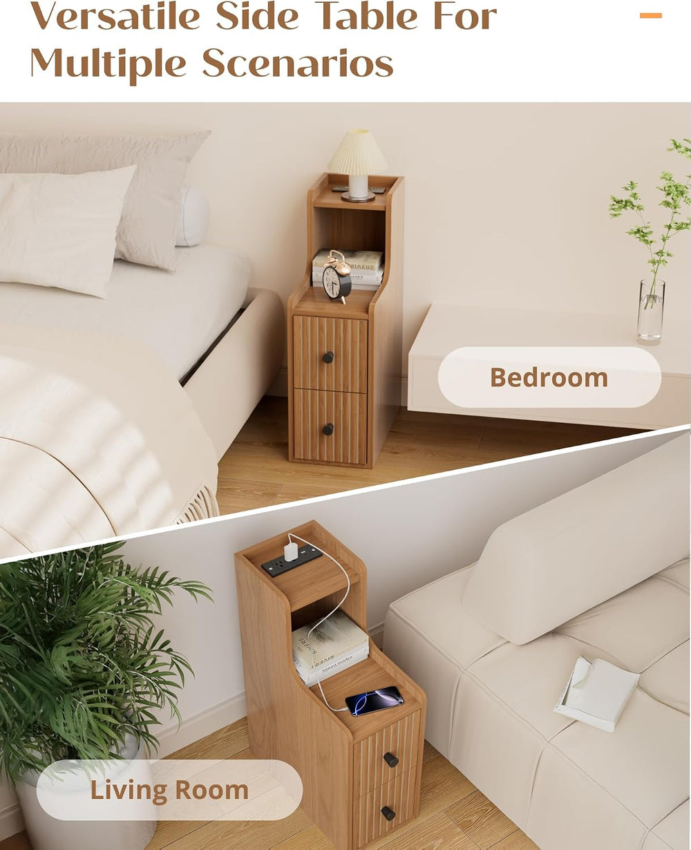 Set of 2 Narrow Side Table with Charging Station, Wooden Slim End Table with ...