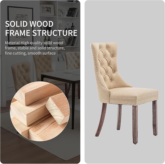 Leather Dining Chairs Set of 4, Upholstered Dining Room Chairs with Nailhead Trim, Sillas de Comedor Modernas 4, Wooden Kitchen Chairs for Dining Room, Living Room, Kitchen, Bedroom, Beige
