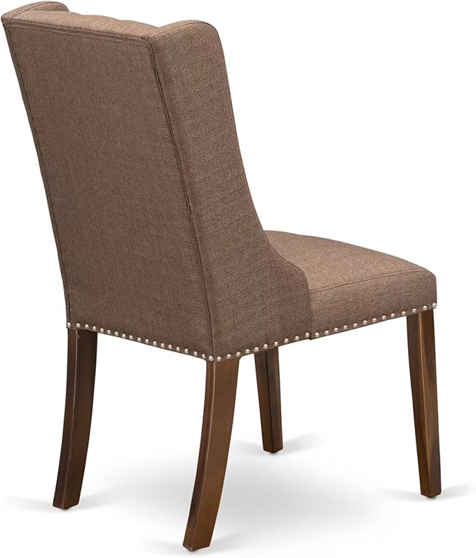 LEFO9-AWA-18-9-Piece Kitchen Table Set Includes a Breakfast Table and 8 Brown Linen Fabric Parson Chairs with Button Tufted Chair Back - Antique Walnut Finish.