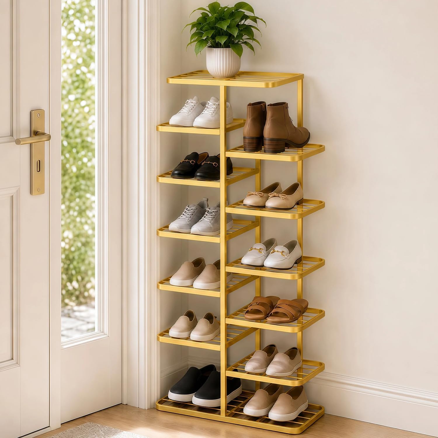 7 Tier Vertical Shoe Rack for Closet - Tall Narrow Metal Shoe Storage Tower with Staggered Shelves, Freestanding Shoe Organizer Stand for Entryway, Hallway, Bedroom and Small Spaces, Gold