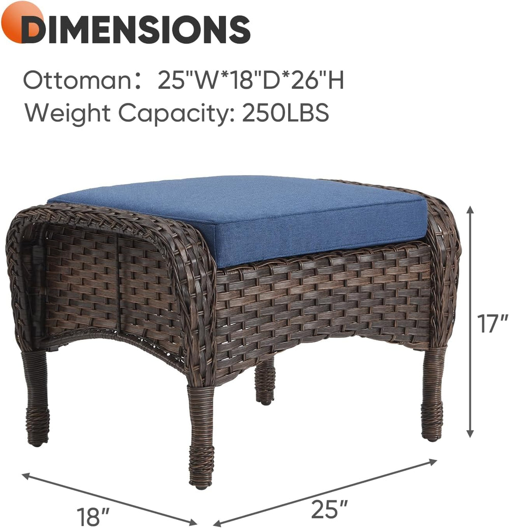 HUMMUH Outdoor Ottoman-Patio Rattan Footstool with Cushions Blue