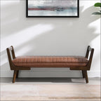 52" Upholstered Bench, Brown Faux Leather, Walnut Legs | Mid-century modern ottoman with high-resilience foam, sturdy wood frame. Ideal for bedroom end of bed, entryway, living room