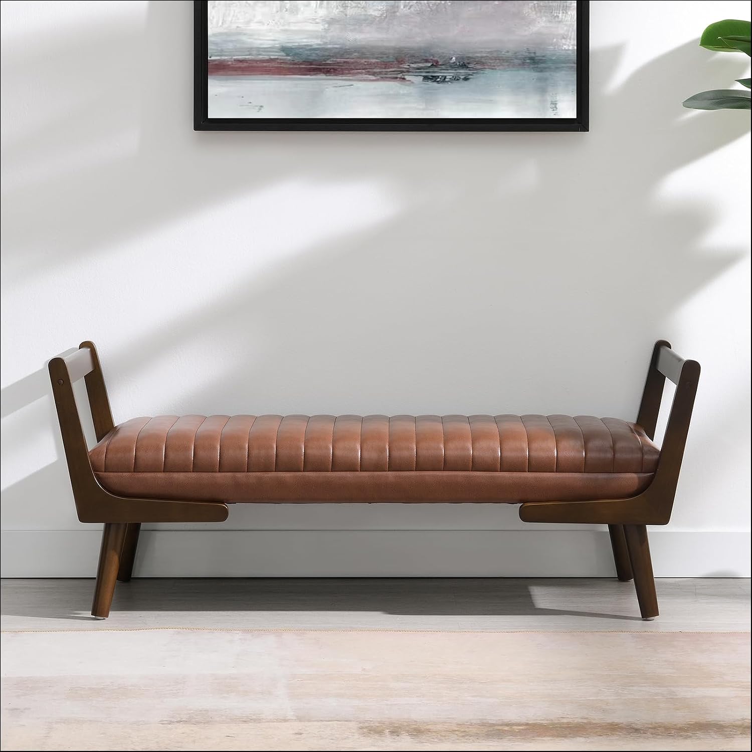 52" Upholstered Bench, Brown Faux Leather, Walnut Legs | Mid-century modern ottoman with high-resilience foam, sturdy wood frame. Ideal for bedroom end of bed, entryway, living room