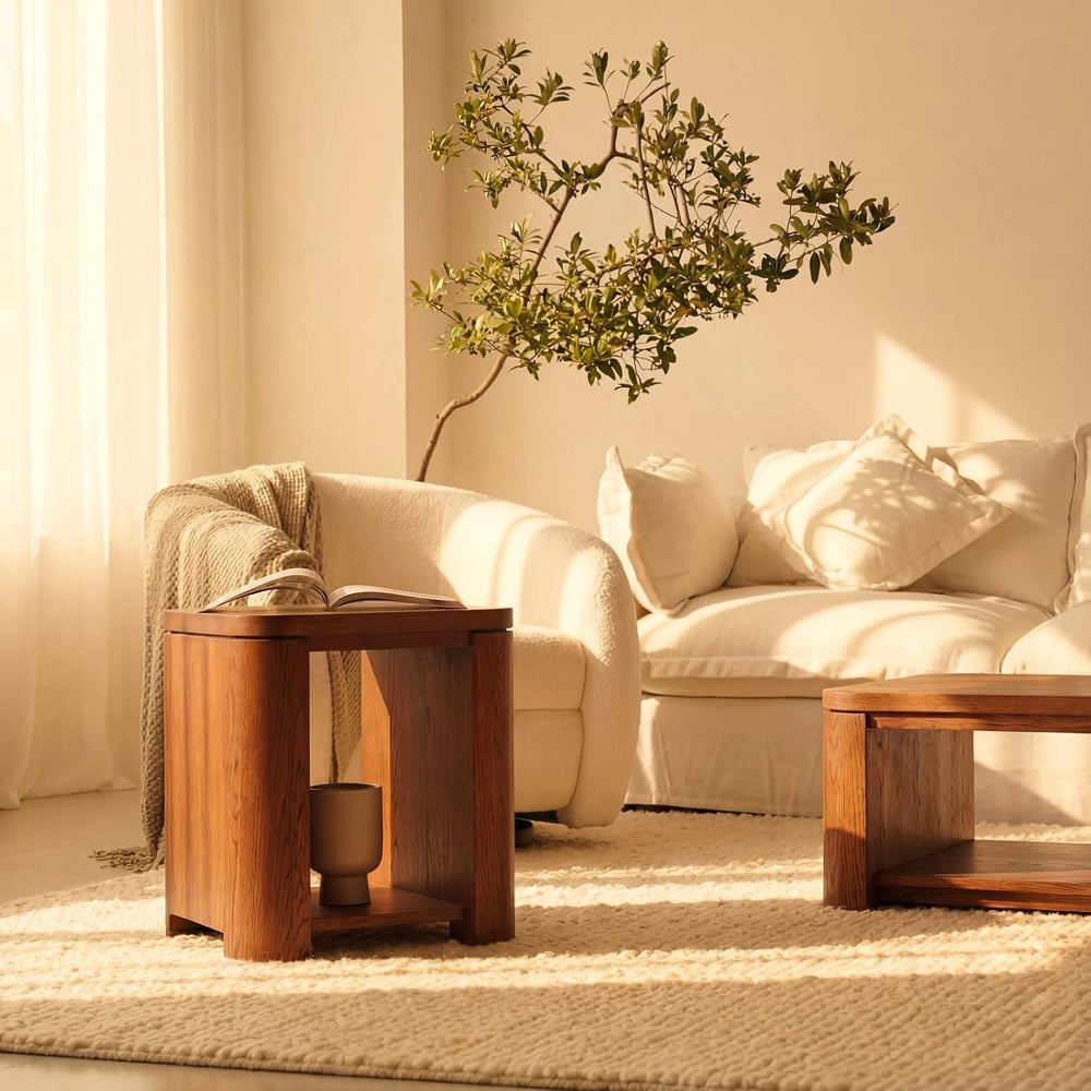 Ovelo End Table Solid Wood Oak Side Table with Storage Shelf, Modern Small Ac...