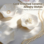 9 Pcs Ceramic Jewelry Dishes, Lotus Leaf Ring Trays, Gold Trim Trinket Tray | White glazed ceramic resists wear; 4.3x4.3x1.2 in; sloped edges prevent spills; for rings, keys & nightstand decor
