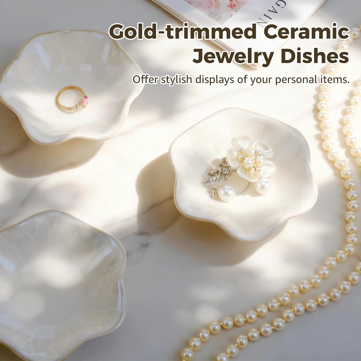 9 Pcs Ceramic Jewelry Dishes, Lotus Leaf Ring Trays, Gold Trim Trinket Tray | White glazed ceramic resists wear; 4.3x4.3x1.2 in; sloped edges prevent spills; for rings, keys & nightstand decor