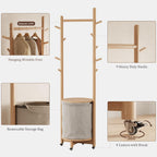 CycleCrew Solid Wood Coat Rack with Fabric Basket - Freestanding Coat Rack Rolling Coat Tree with 9 Hooks Wheels, Small Clothes Rack For Entryway Bedroom Hallway Living Room