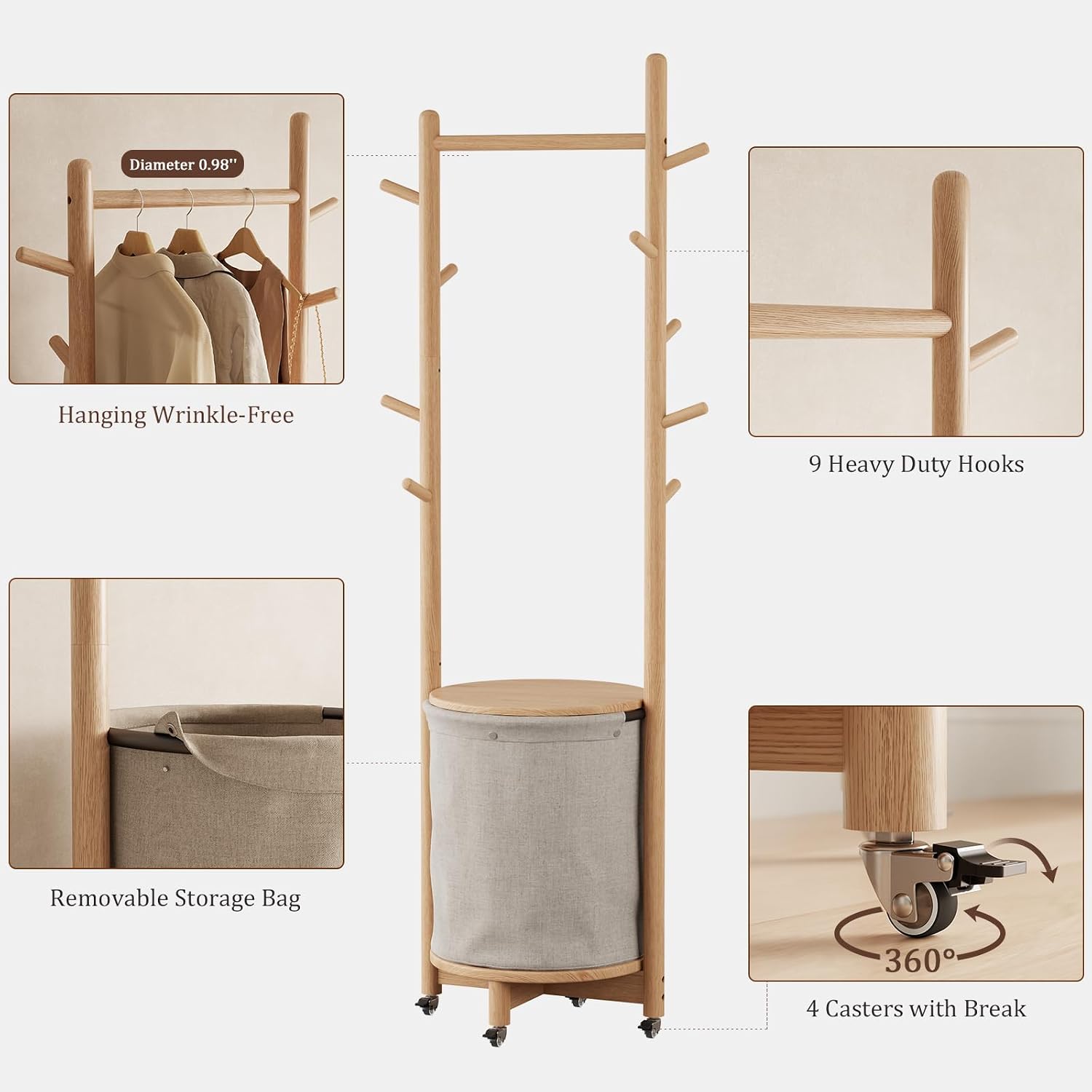 CycleCrew Solid Wood Coat Rack with Fabric Basket - Freestanding Coat Rack Rolling Coat Tree with 9 Hooks Wheels, Small Clothes Rack For Entryway Bedroom Hallway Living Room