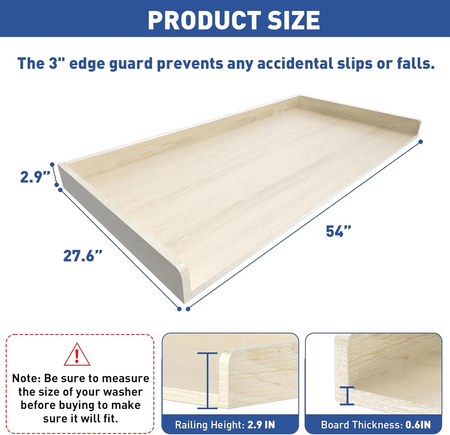 Washer Dryer Countertop: 27.5" x 54" Laundry Topper for Washer and Dryer - Non-Slip Washer and Dryer Countertop with Safety Edge - Laundry Room Organization (Wood)