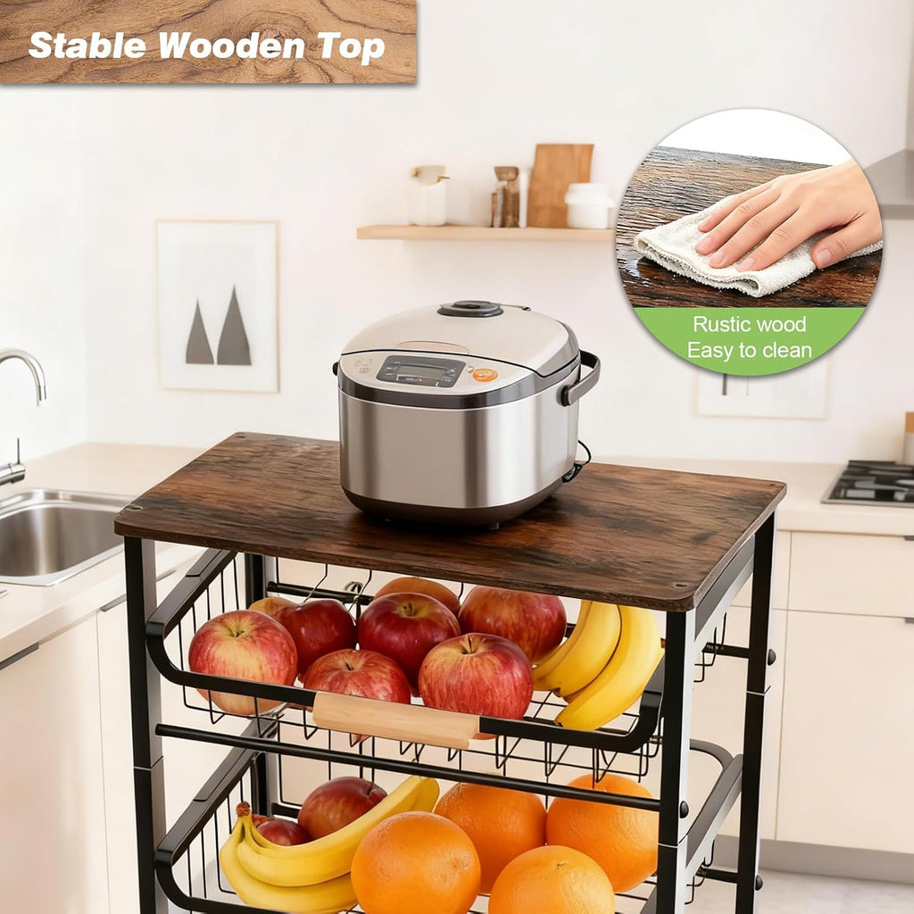 5-Tier Utility Kitchen Cart Storage with Pull-Out Baskets and Wood Top,Heavy Duty Multi Rolling Pantry Kitchen Cart on Wheels for Fruit Potato Onion Vegetable Snack Produce,Black