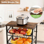 5-Tier Utility Kitchen Cart Storage with Pull-Out Baskets and Wood Top,Heavy Duty Multi Rolling Pantry Kitchen Cart on Wheels for Fruit Potato Onion Vegetable Snack Produce,Black