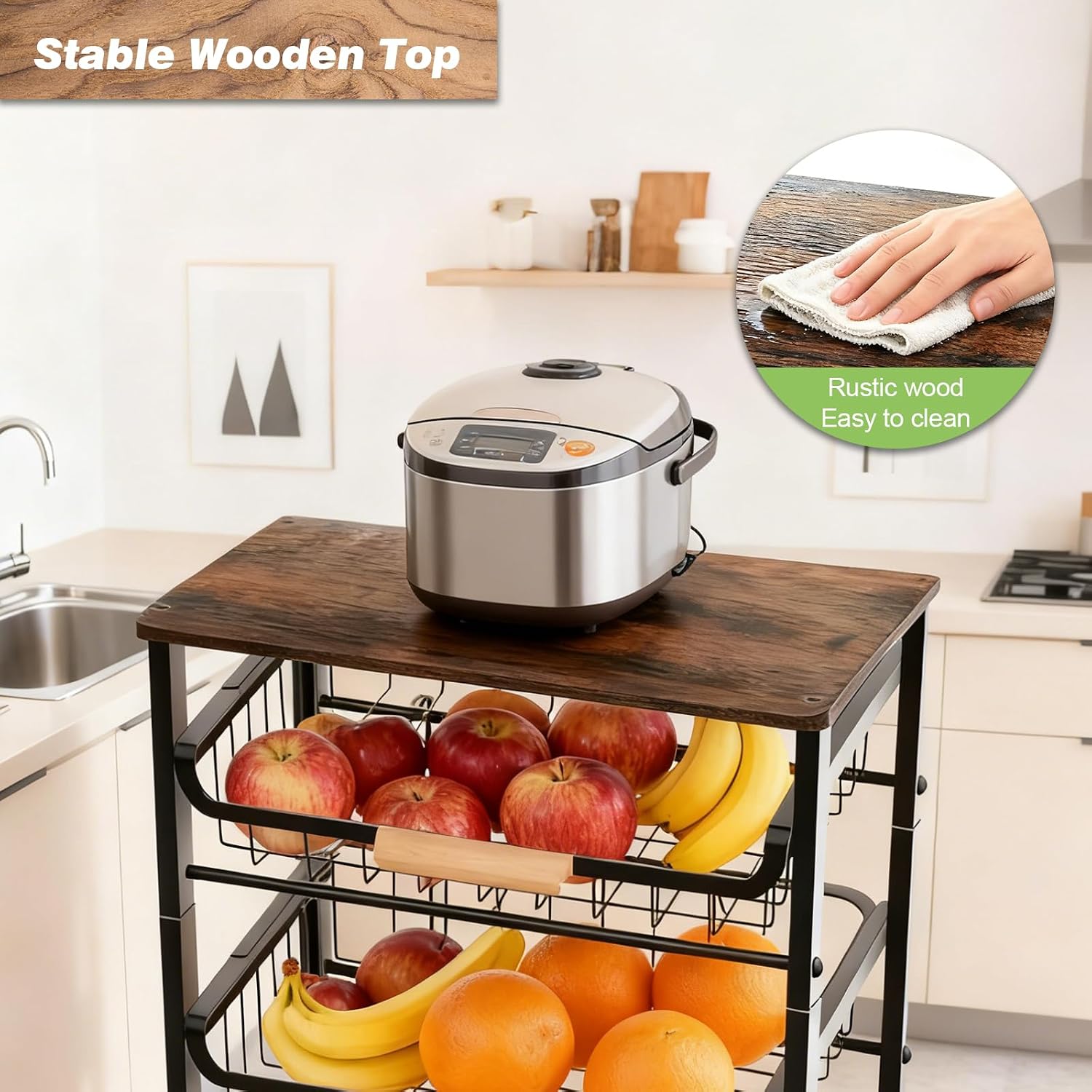 5-Tier Utility Kitchen Cart Storage with Pull-Out Baskets and Wood Top,Heavy Duty Multi Rolling Pantry Kitchen Cart on Wheels for Fruit Potato Onion Vegetable Snack Produce,Black