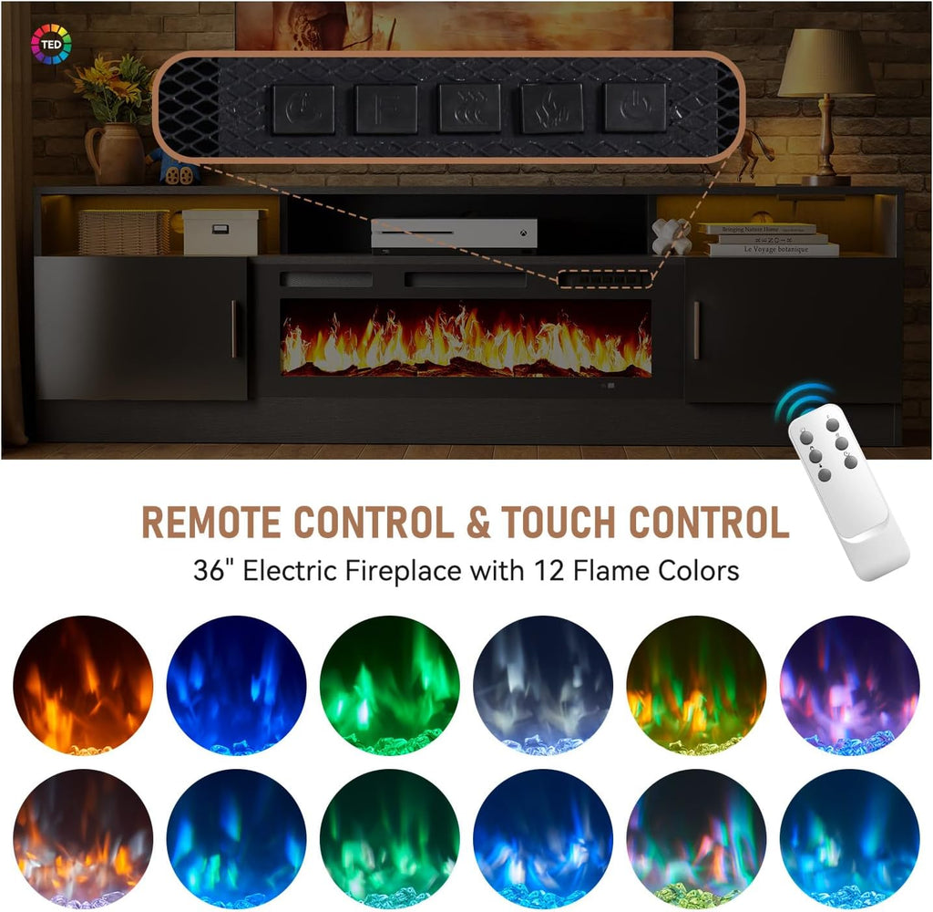 oneinmil 70 Inch Electric Fireplace TV Stand with Power Outlets, Modern Entertainment Center with LED Lights & Storage Cabinets for 80 Inch TVs, Media Console Table for Living Room, Black