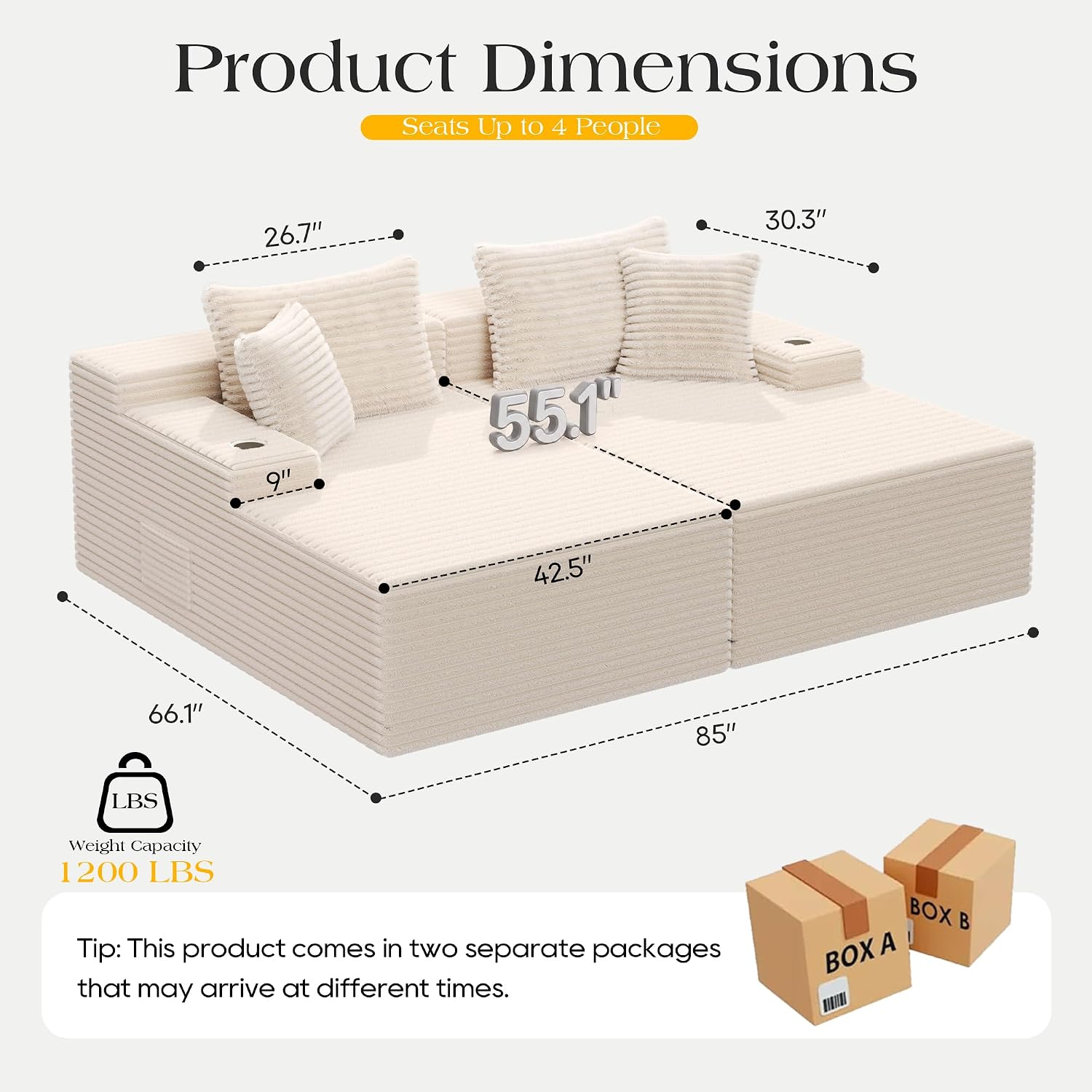 85 Inch Double Chaise Lounge Chair Indoor, Oversized Corduroy Upholstered Boneless Sofa Bed, Deep Seat Sleeper Couch Reading Chairs Cloud Sofas for Living Room, No Assembly Required, Beige