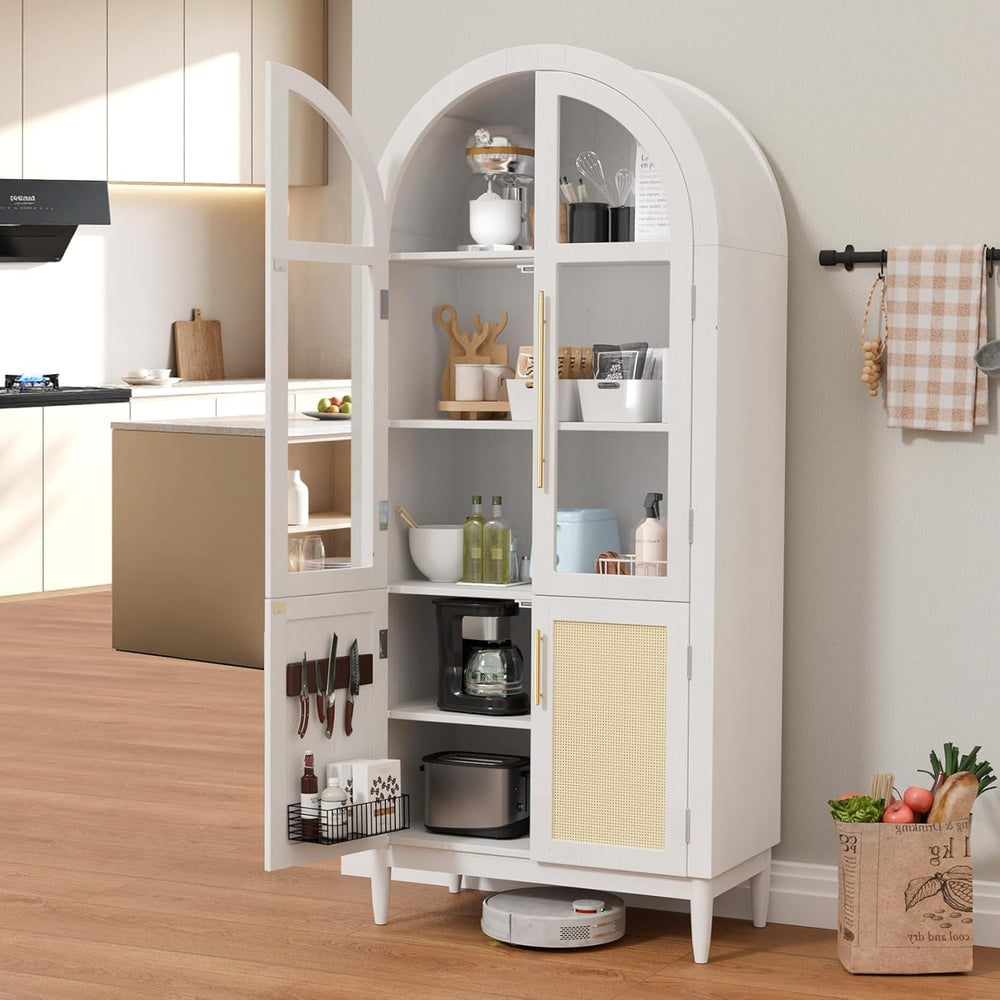 71" Tall Arched Cabinet with Glass Doors, Kitchen Pantry Storage Cabinet...