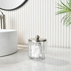 Clear Transparent Apothecary Octagional Shaped Glass Canister Jar With Satin Nickel Metal Lid Cover for Bathroom Organization, Cotton Balls, Q Tips, and Small Accessories, Bath Storage