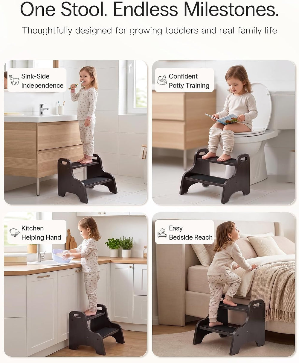 StrongTek Wooden 2 Step Stool, 350 lb Capacity, Non-Slip, Espresso | Wide Non...