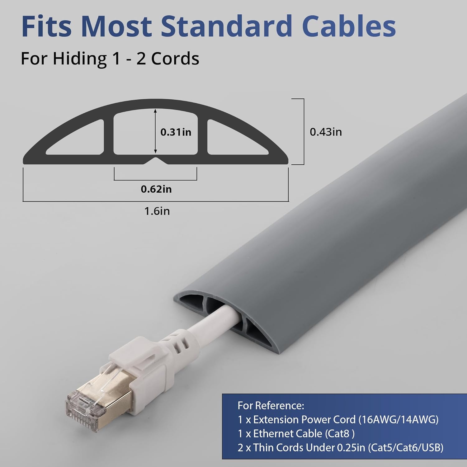 ZhiYo 3.6ft Cord Covers for Wires on Floor, Gray Cord Hider Floor Hide Extension Cords, Soft PVC Cable Cover Cable Protector, Wire Cavity W0.62in H0.31in, Grey