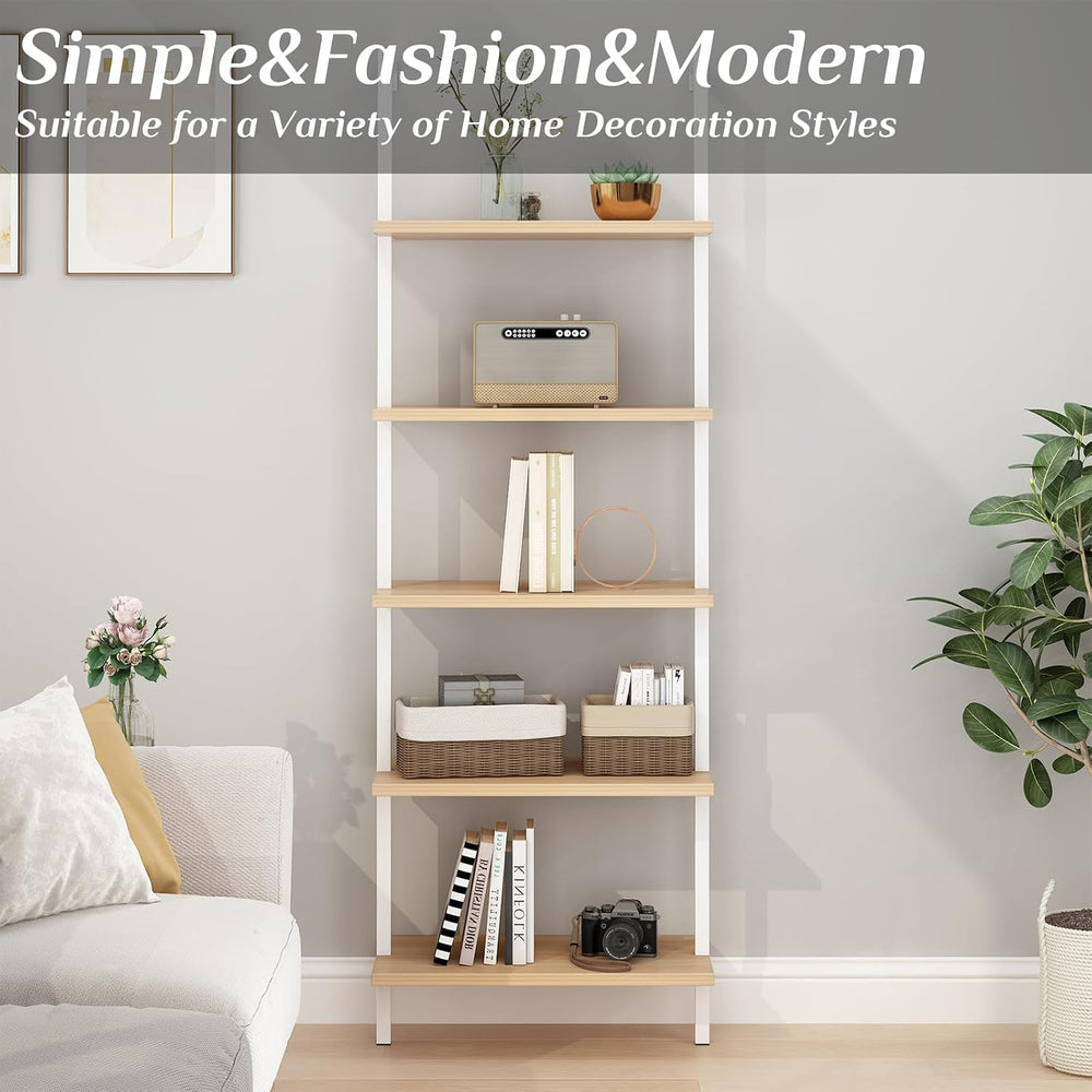 Karl home Oak 5 Tier Wall Mount Ladder Shelf, Metal Frame Open Bookcase