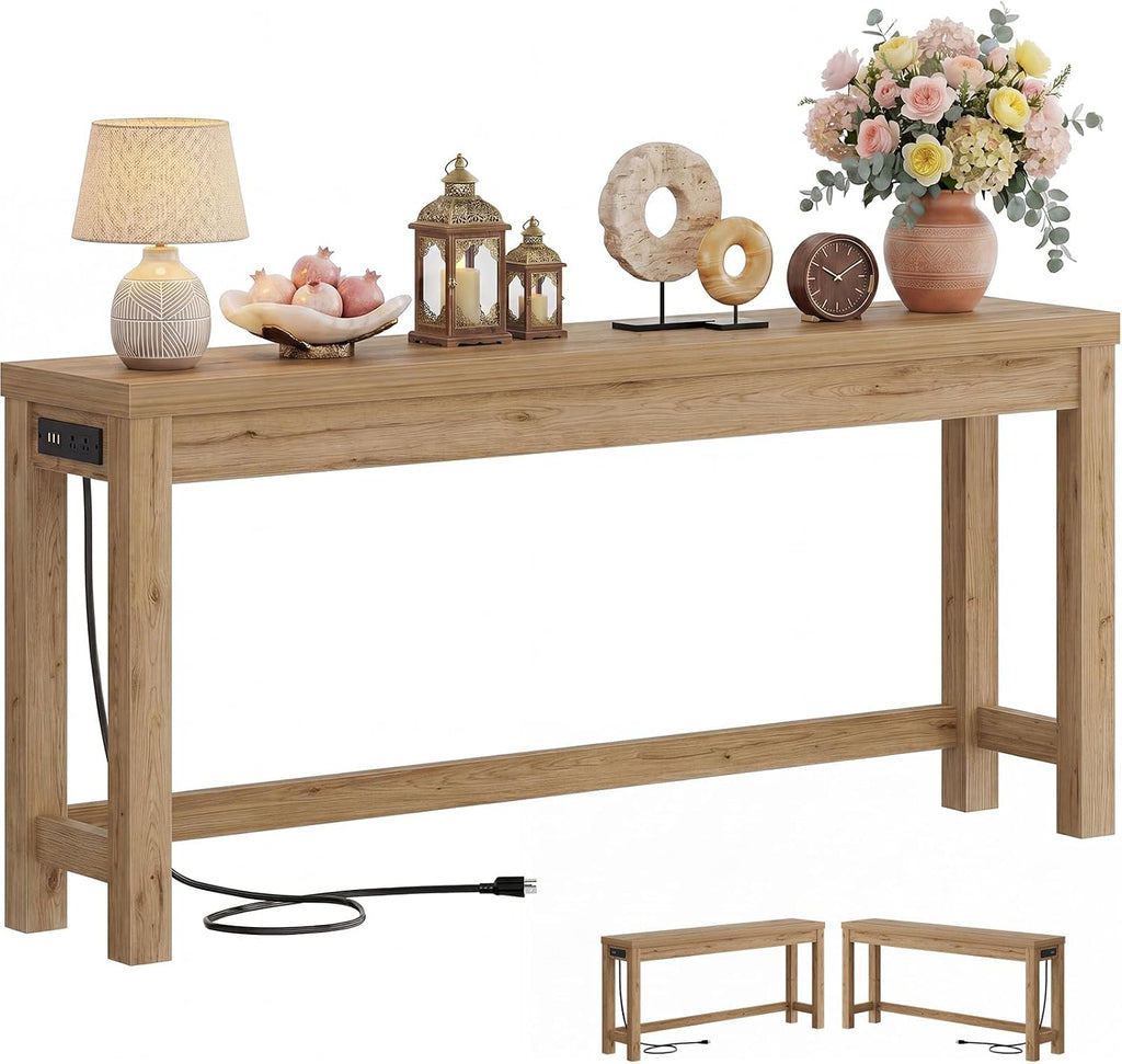 Cyclysio 63" Console Table with Charging Station, 13.8" Deep Farmhouse Sofa Table Behind Couch with 2 AC Outlets & 3 USB Ports, Long Entryway TV Console or Home Office Desk, Natural Oak