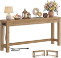 Cyclysio 63" Console Table with Charging Station, 13.8" Deep Farmhouse Sofa Table Behind Couch with 2 AC Outlets & 3 USB Ports, Long Entryway TV Console or Home Office Desk, Natural Oak