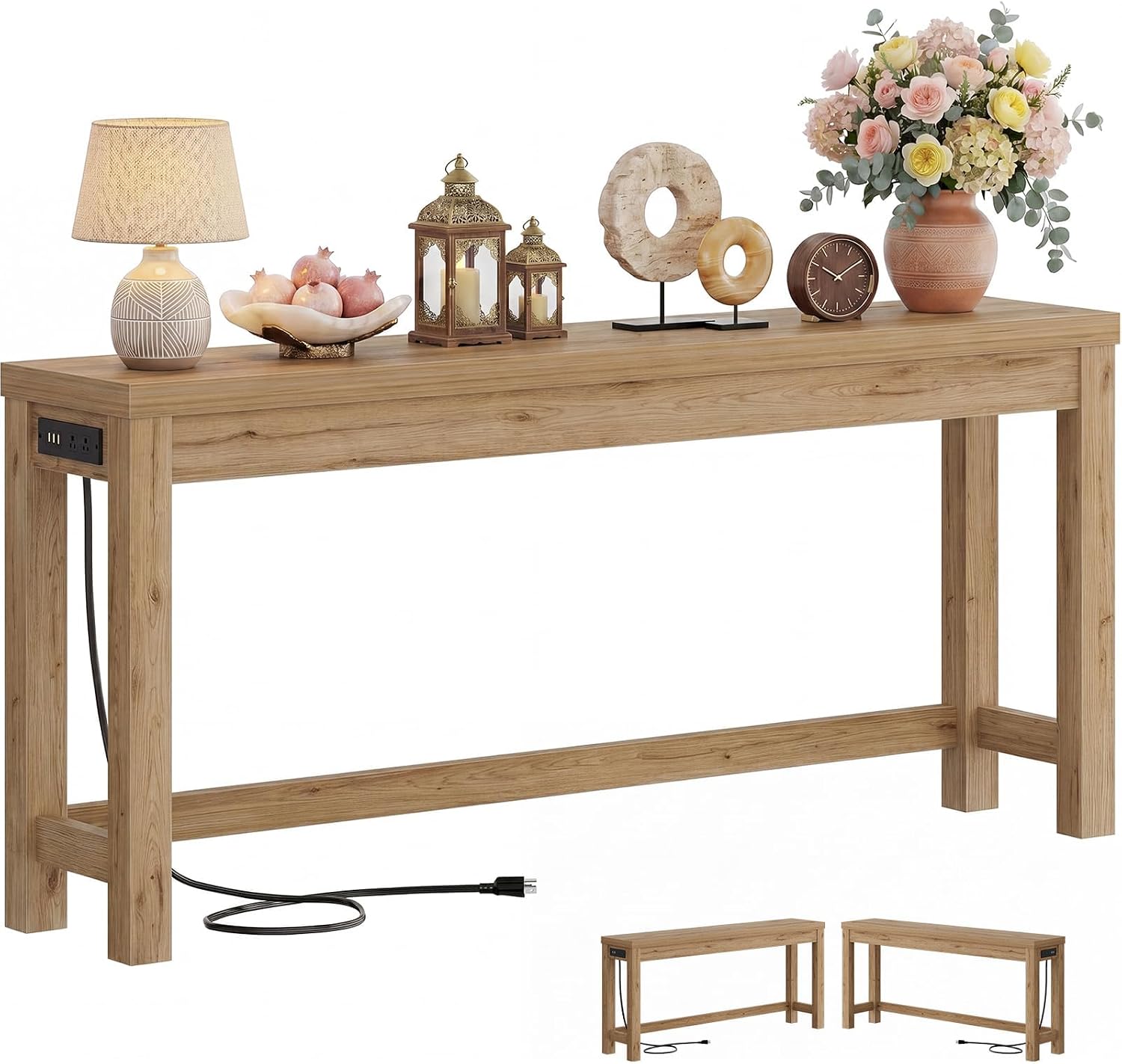Cyclysio 63" Console Table with Charging Station, 13.8" Deep Farmhouse Sofa Table Behind Couch with 2 AC Outlets & 3 USB Ports, Long Entryway TV Console or Home Office Desk, Natural Oak