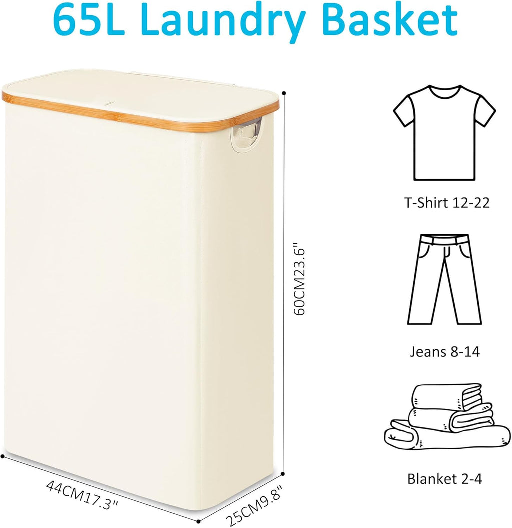efluky Slim Laundry Basket with Lid, Narrow Laundry Hamper with Removable Bag, Skinny Dirty Clothes Basket with Bamboo Handles for Bathroom, Bedroom & Laundry Room, 65L Beige