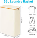 efluky Slim Laundry Basket with Lid, Narrow Laundry Hamper with Removable Bag, Skinny Dirty Clothes Basket with Bamboo Handles for Bathroom, Bedroom & Laundry Room, 65L Beige