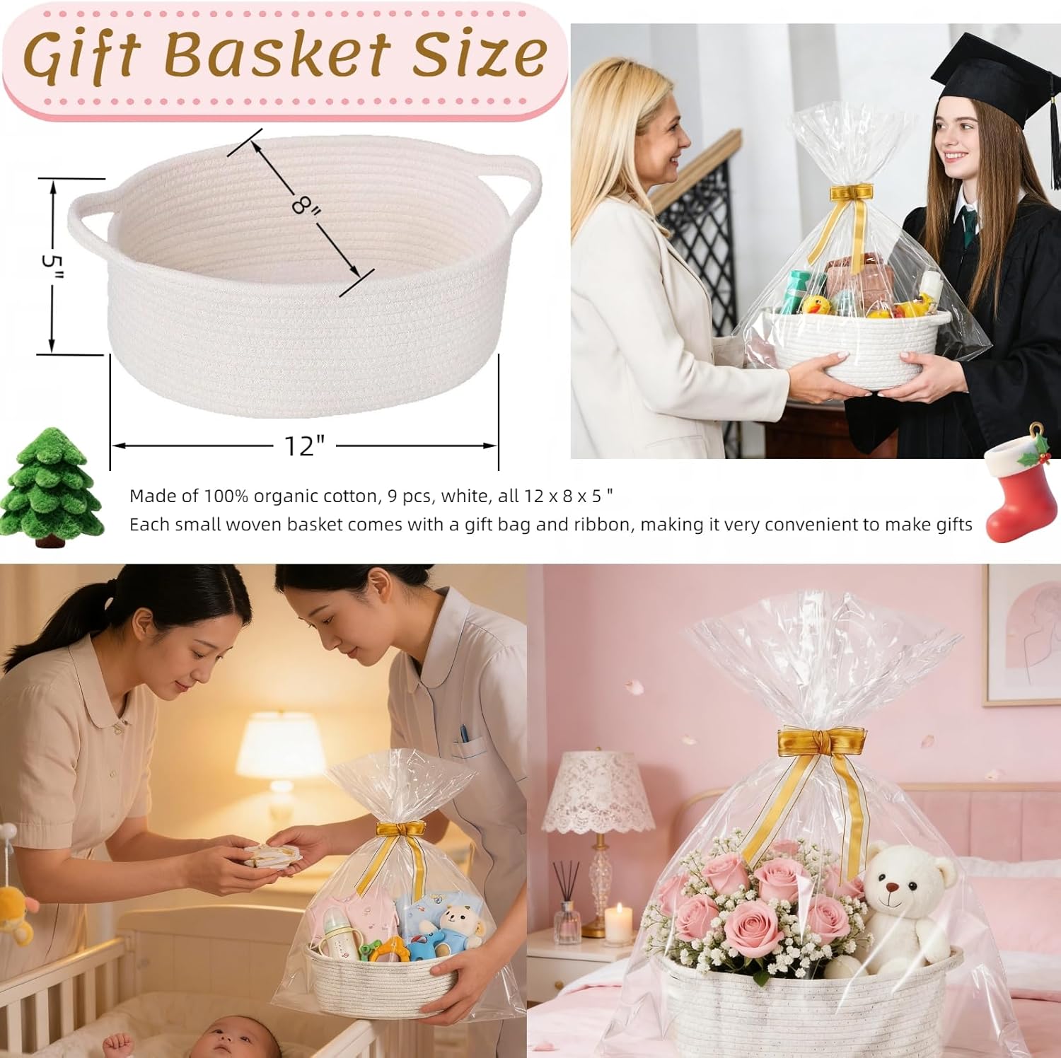 9Pcs Small Woven Basket with Gift Bags and Ribbons, White Cute Cotton Rope Empty Gift Decorative Chest Box, for Baby Nursery Room Shelf Storage, Toy Pet Organizer Basket to Fill, All 12 x 8 x 5 "