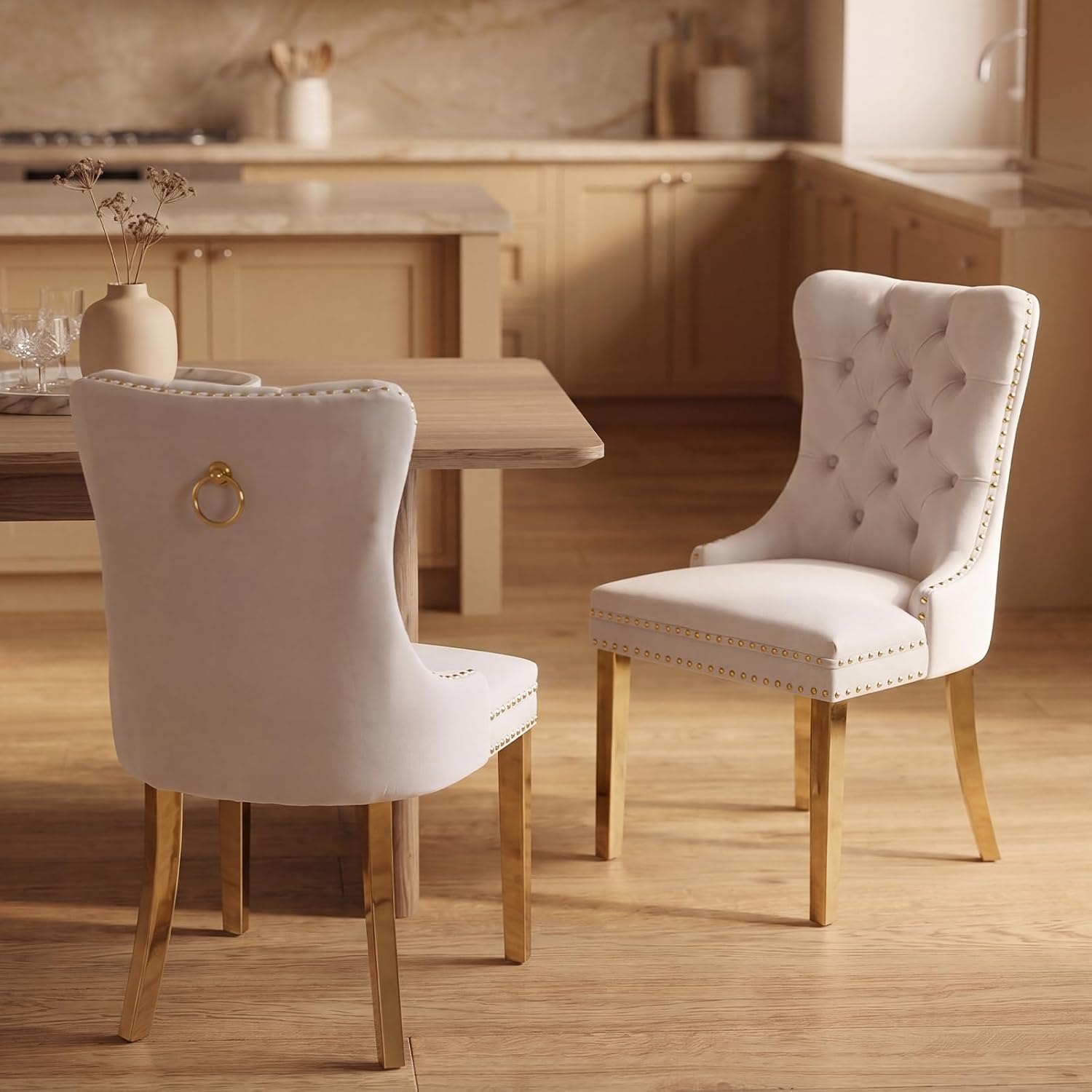 Modern Velvet Upholstered Dining Chairs Set of 2, Mid-Century Tufted Back Kitchen Chairs with Ring Pull & Gold Metal Legs, Beige Accent Side Chair for Living Room, Sillas de Comedor, (Ivory, 2 Pcs)