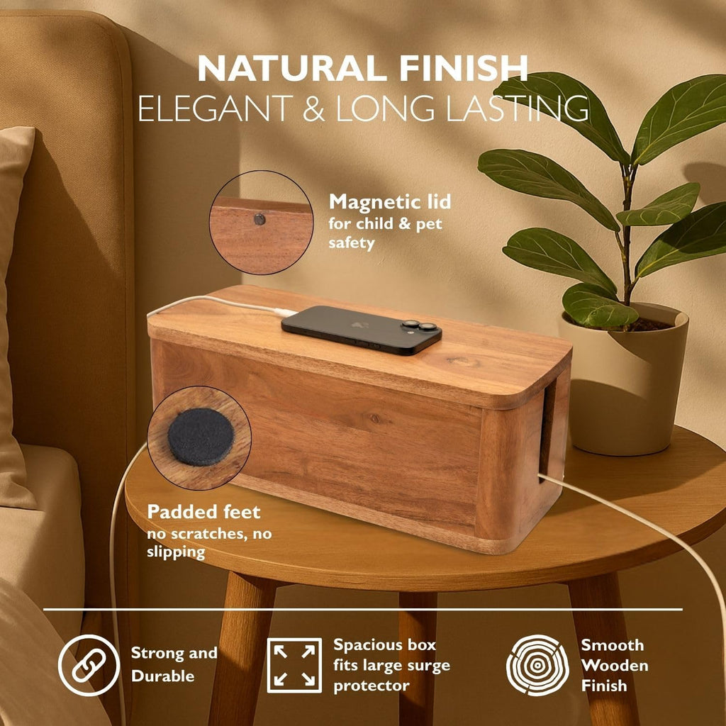 Large Cable Management Box - Acacia Wood - Cable Organizer Box and Power Strip Box for Electrical Cord Management - Hide Desk Cord and Floor Cables - Wire Storage and Organization for Cords
