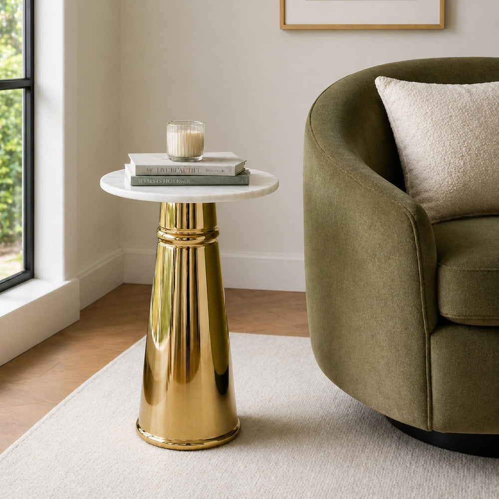 Gold Side Table with White Marble Top | Decorative Modern End Table | Pedesta...