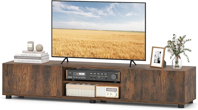 Tangkula Modern TV Stand for up to 70” TVs, 63”L Minimalist Entertainment Center w/ 2 Doors & Open Shelves, Media Console Table Storage Cabinet with 6 Support Feet for Living Room (Rustic Brown, 63”L)