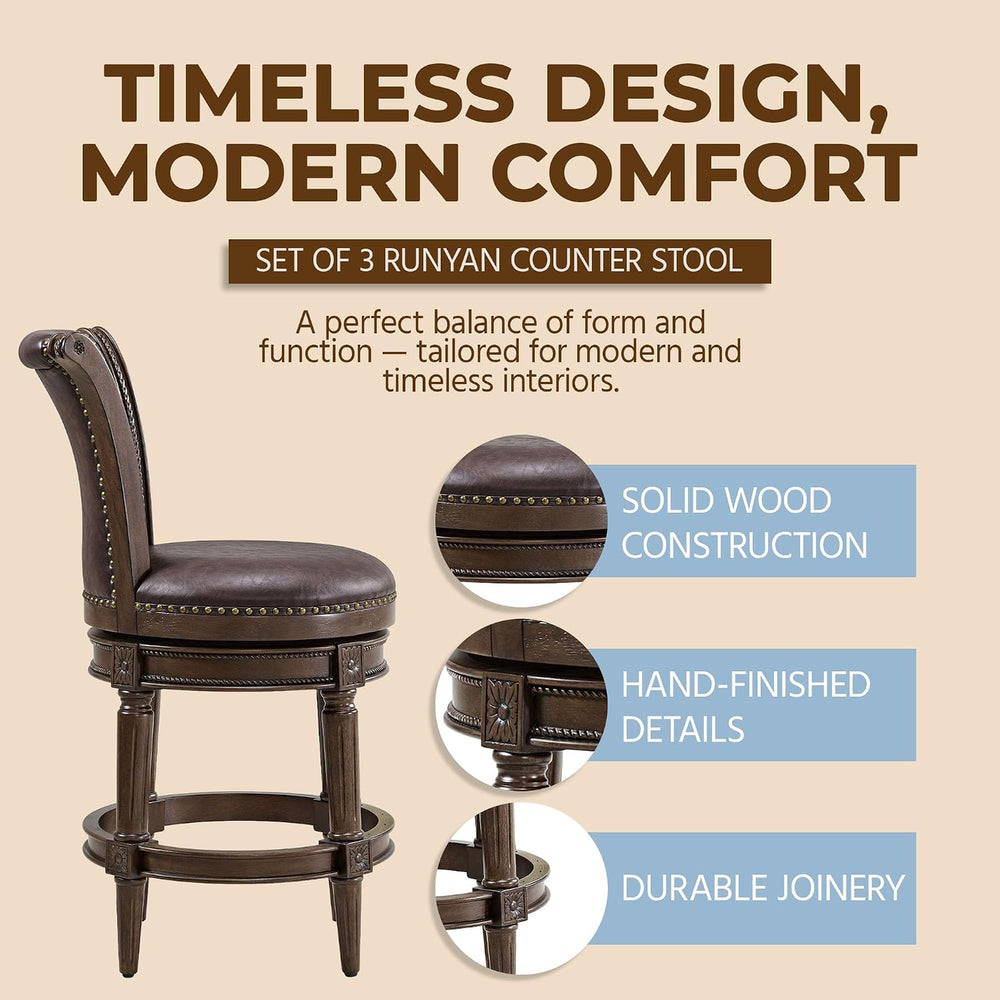 ROME + OAK Runyan 26 Swivel Counter Stool, Set of 3 | Rotating High Back Bars...