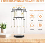 iDavosic.ly 2 Tier Rotating Necklace Holder Organizer with 42 Hooks, Adjustable Metal Bracelet Display Stand Rack, Extra Tall Keychain Spinning Tree Tower for Women, Black