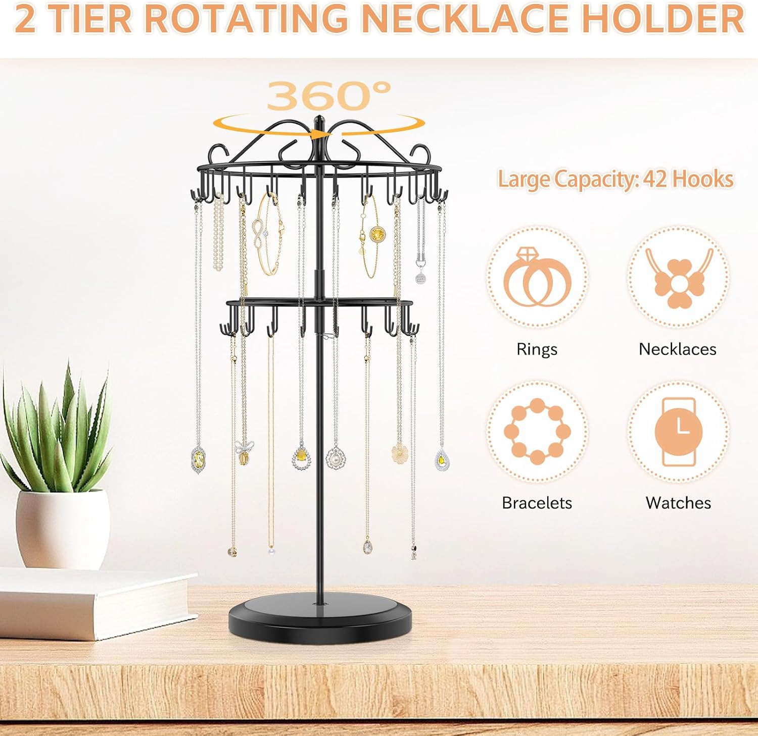 iDavosic.ly 2 Tier Rotating Necklace Holder Organizer with 42 Hooks, Adjustable Metal Bracelet Display Stand Rack, Extra Tall Keychain Spinning Tree Tower for Women, Black