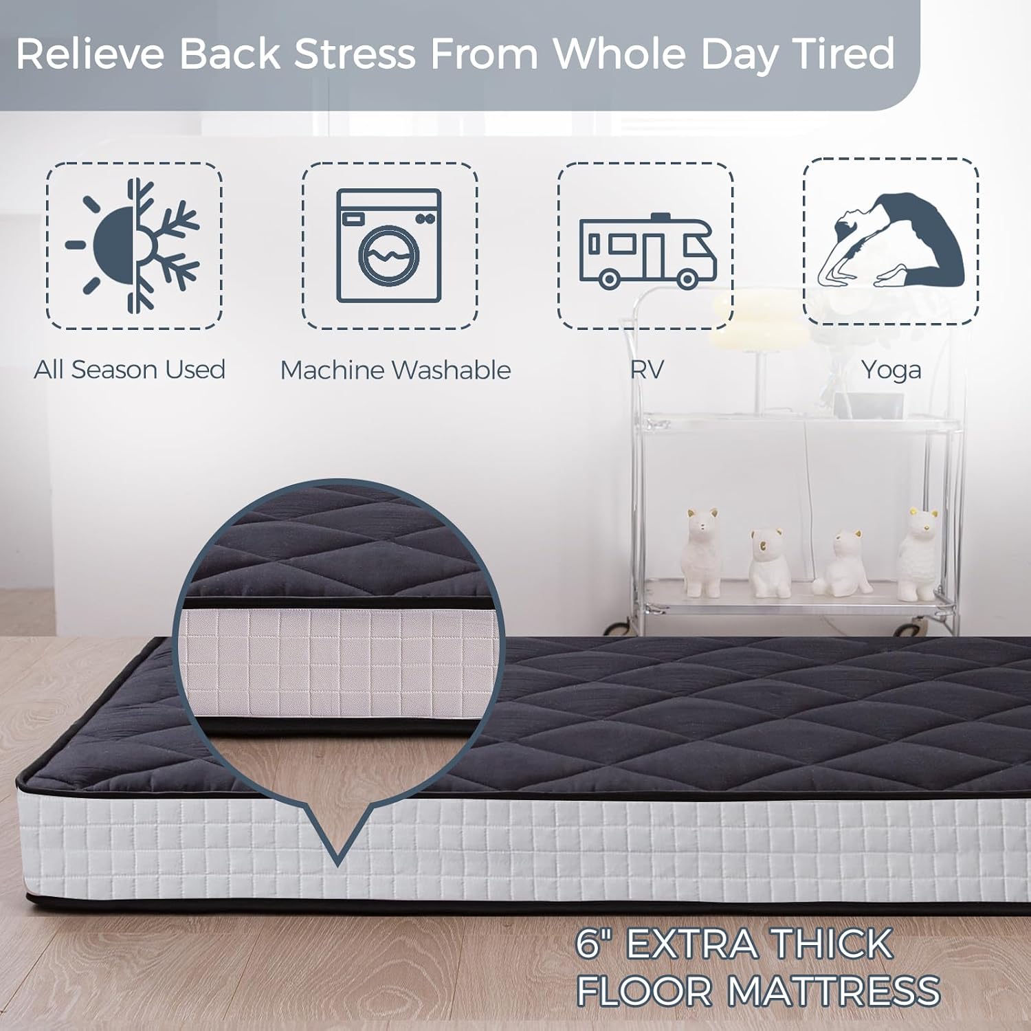 MAXYOYO 6" Extra Thick Futon Mattress Floor Mattress, Queen Size Diamond Pattern Mattress Pad Tatami Pad Japanese Floor Mattress for Adults Floor Roll Up Mattress Guest Mattress, Black