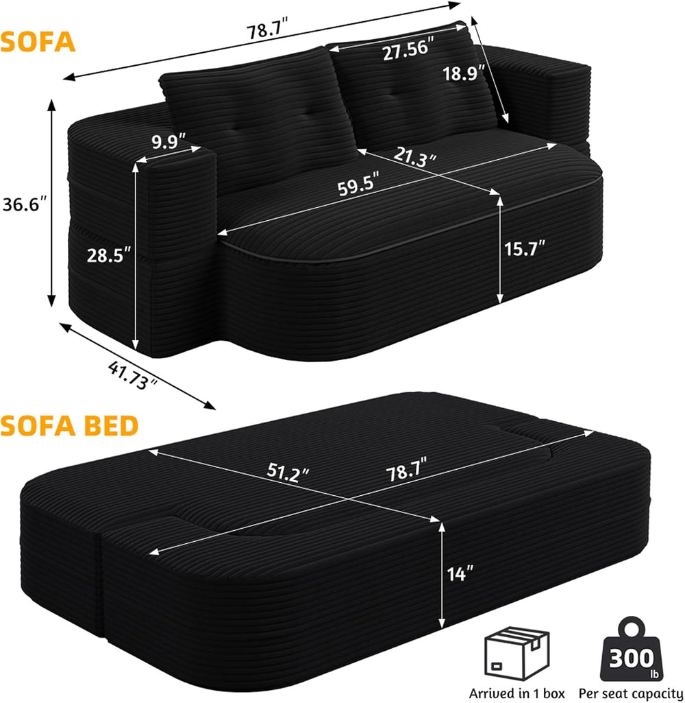 78.7" Full Size Memory Foam Couch,Plush Corduroy Sofa,Floor Sofa Bed wit...