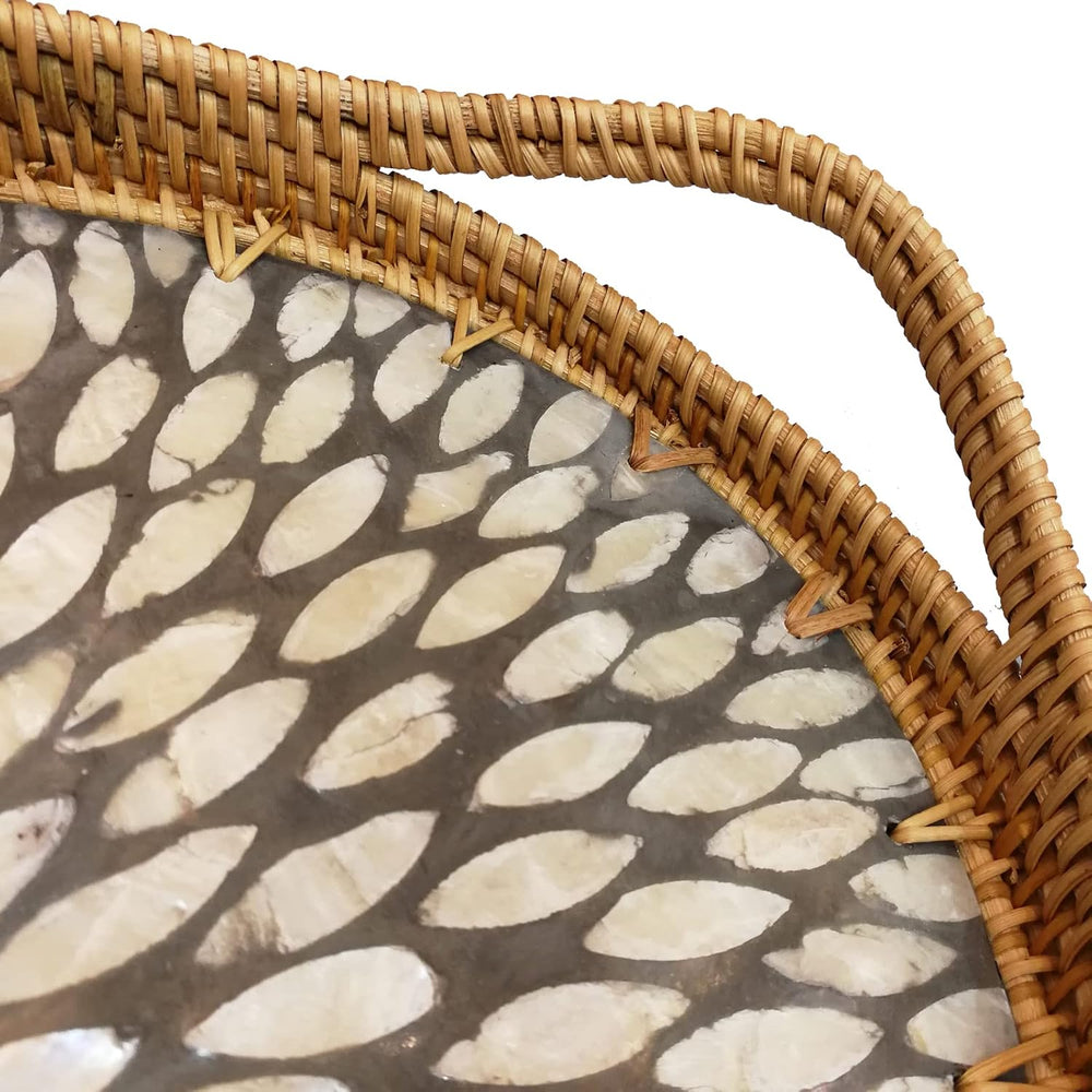 I-LAN 15 Inch Oval Rattan Woven Tray Basket with Beige MOP Wooden Base and Ha...