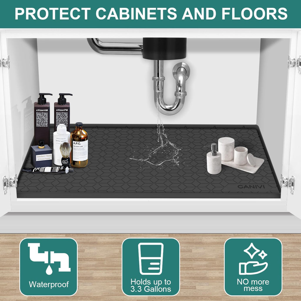 Under Sink Mat, 28" x 22" Waterproof Silicone Under Sink Tray for Kitchen & Laundry Cabinets, Kitchen Cabinet Shelf Protector, Up to 3 Gallons Liquid, Fits 36 inch Standard Cabinet (Black)